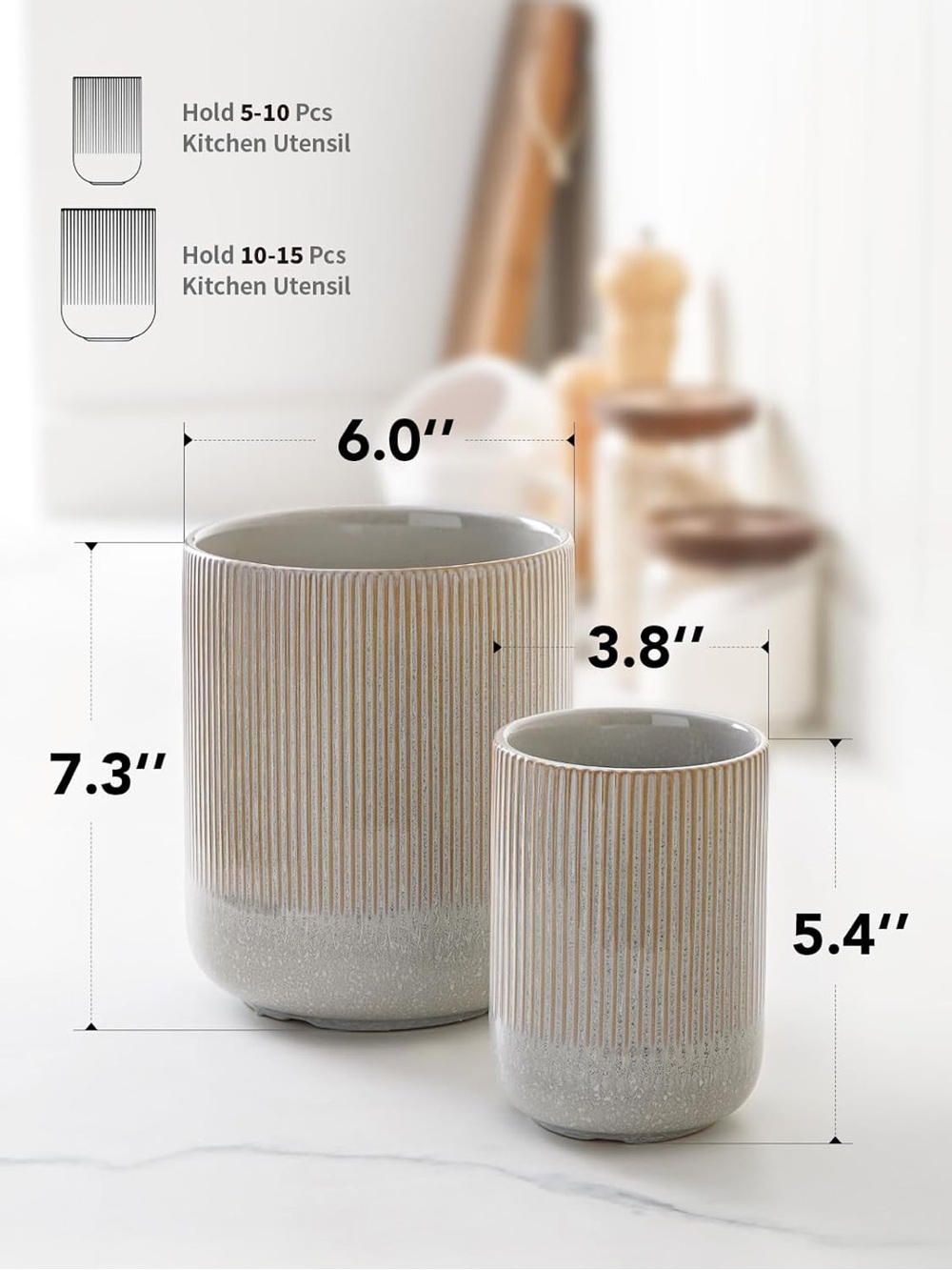 Ribbed Ceramic Utensil Holders - Neutral Two-Piece Set